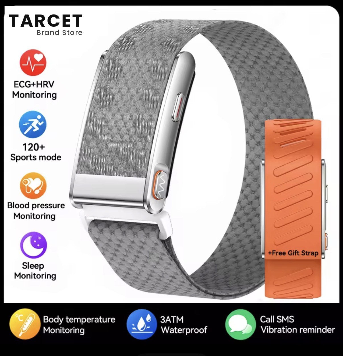 Tarcet Pulse Band in grey with a woven stretch strap, shown with a spare silicone strap